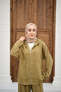 Fermuarlı Çift Cepli Kapüşonlu Pantolonlu Takım Yağ Yeşil