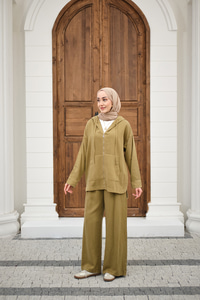 Fermuarlı Çift Cepli Kapüşonlu Pantolonlu Takım Yağ Yeşil