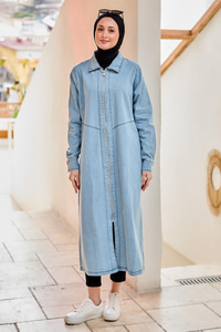 Fermuarlı Midi Boy Kot Ceket  Buz Mavi