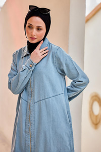 Fermuarlı Midi Boy Kot Ceket  Buz Mavi