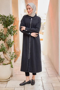 Fermuarlı Midi Boy Kot Ceket  Siyah