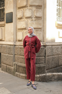 Fermuarlı Taş Detaylı İkili Takım Bordo