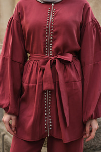 Fermuarlı Taş Detaylı İkili Takım Bordo