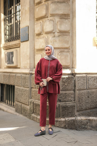 Fermuarlı Taş Detaylı İkili Takım Bordo