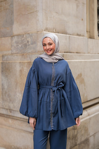 Fermuarlı Taş Detaylı İkili Takım İndigo Mavi