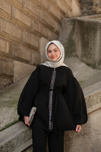 Fermuarlı Taş Detaylı İkili Takım Siyah