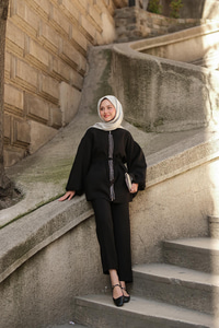 Fermuarlı Taş Detaylı İkili Takım Siyah