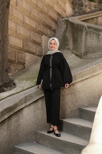 Fermuarlı Taş Detaylı İkili Takım Siyah