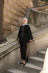 Fermuarlı Taş Detaylı İkili Takım Siyah