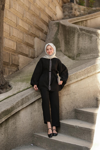 Fermuarlı Taş Detaylı İkili Takım Siyah