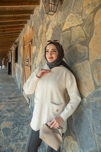 Fermuarlı Triko Ceket Bej