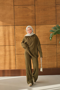 Fermuarlı Triko Takım Haki Yeşil