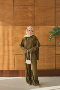 Fermuarlı Triko Takım Haki Yeşil