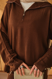 Fermuarlı Triko Takım Kahverengi