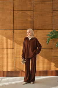 Fermuarlı Triko Takım Kahverengi