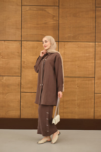 Fermuarlı Ve Boncuk Detaylı Pantolonlu Takım Kahverengi