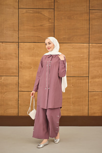 Fermuarlı Ve Boncuk Detaylı Pantolonlu Takım Gül Kurusu