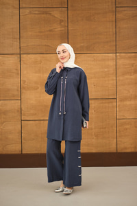 Fermuarlı Ve Boncuk Detaylı Pantolonlu Takım Lacivert