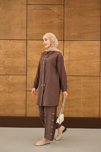 Fermuarlı Ve Boncuk Detaylı Pantolonlu Takım Kahverengi