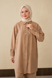 Fermuarlı Ve Boncuk Detaylı Pantolonlu Takım Vizon