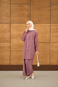 Fermuarlı Ve Boncuk Detaylı Pantolonlu Takım Gül Kurusu