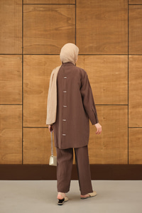 Fermuarlı Ve Boncuk Detaylı Pantolonlu Takım Kahverengi