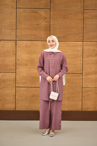 Fermuarlı Ve Boncuk Detaylı Pantolonlu Takım Gül Kurusu