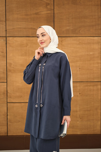 Fermuarlı Ve Boncuk Detaylı Pantolonlu Takım Lacivert