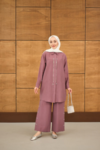 Fermuarlı Ve Boncuk Detaylı Pantolonlu Takım Gül Kurusu