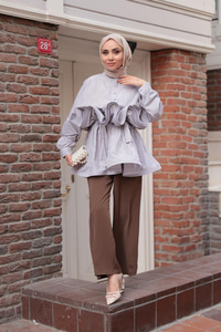 Fiona Grenli Çizgili Gömlek Kahverengi