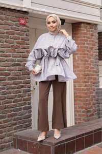 Fiona Grenli Çizgili Gömlek Kahverengi