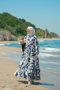 Fırça Desen Elbise Mavi