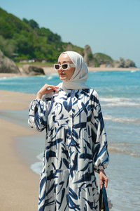 Fırça Desen Elbise Mavi