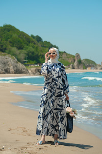 Fırça Desen Elbise Mavi