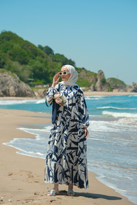 Fırça Desen Elbise Mavi