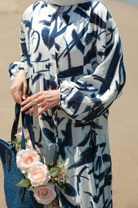 Fırça Desen Elbise Mavi