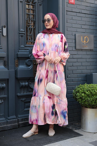 Fırça Desen Elbise Somon