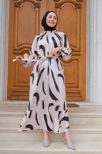 Fırça Desenli Balon Kol Elbise Krem