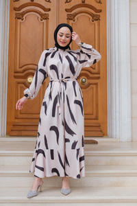 Fırça Desenli Balon Kol Elbise Krem