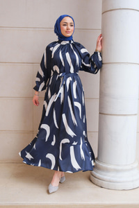 Fırça Desenli Balon Kol Elbise Lacivert