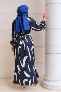 Fırça Desenli Balon Kol Elbise Lacivert