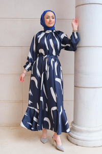 Fırça Desenli Balon Kol Elbise Lacivert