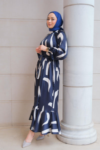 Fırça Desenli Balon Kol Elbise Lacivert