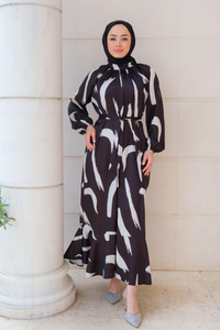 Fırça Desenli Balon Kol Elbise Siyah