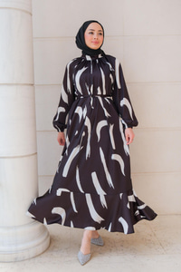 Fırça Desenli Balon Kol Elbise Siyah