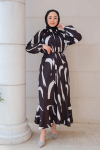 Fırça Desenli Balon Kol Elbise Siyah