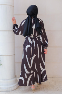 Fırça Desenli Balon Kol Elbise Siyah