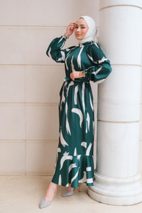 Fırça Desenli Balon Kol Elbise Zümrüt Yeşil