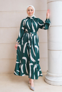 Fırça Desenli Balon Kol Elbise Zümrüt Yeşil