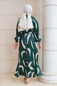 Fırça Desenli Balon Kol Elbise Zümrüt Yeşil